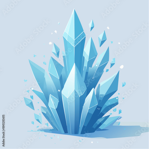 Vibrant blue crystal cluster with shards and fragments on light background