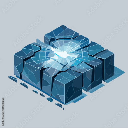 Isometric shattered blue glass cube with cracks and shards breaking apart