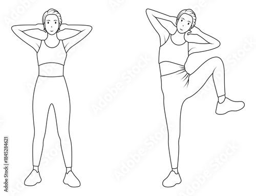 Line art of a woman standing side crunch.