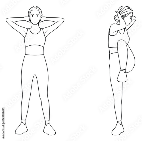 Line art of a woman doing a standing cross crunch.