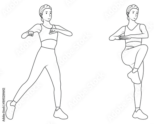 Line art of a woman doing a standing crunch exercise.