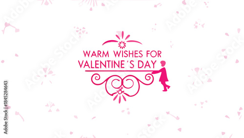 Valentine's day greeting card with pink text and decorative elements on white background with heart confetti