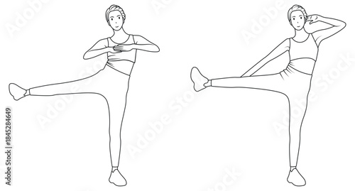Line art of a woman doing yoga exercises. Standing side leg raise.