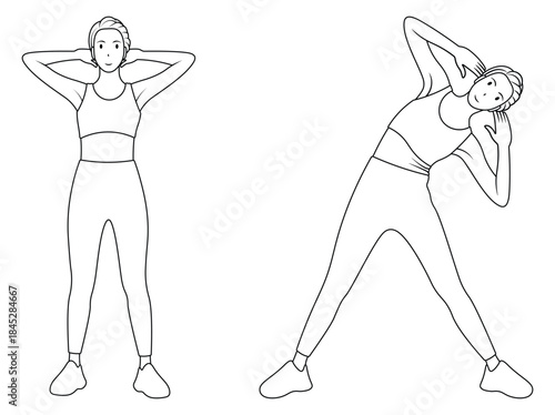 Line art of a woman doing a side bend stretch.