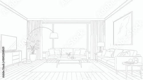 Minimalist black and white line art sketch of a modern living room interior design layout with furniture and large window