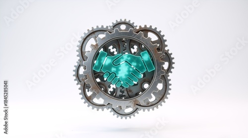 A glowing handshake icon within a mechanism of rusty industrial gears. Business partnership and technology collaboration concept