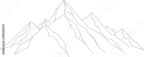 Minimalist black line art drawing depicting a rugged mountain range silhouette against a clean white background for design projects