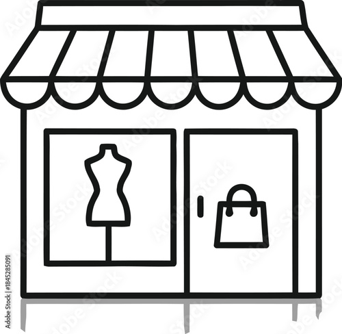 Simple black line art icon representing a boutique clothing store with a mannequin and shopping bag reflecting on a white background