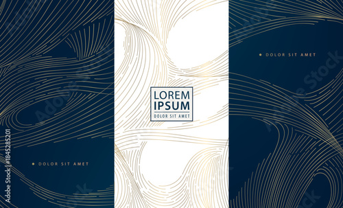 Luxury wave pattern, elegant gold lines, art deco elements. Vector premium abstract background, Japanese flowing water textures. Wine labels, chocolate packaging, gift boxes, menu.