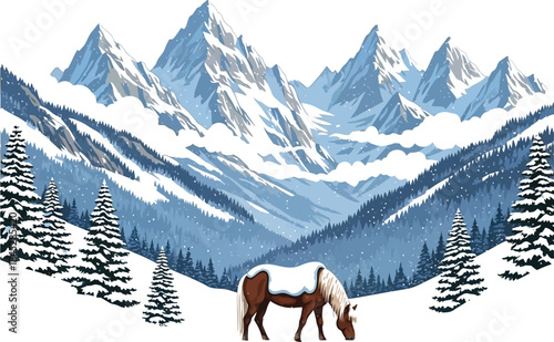 Brown horse with snow blanket grazes peacefully in a vast winter mountain valley surrounded by frosted pine trees and peaks