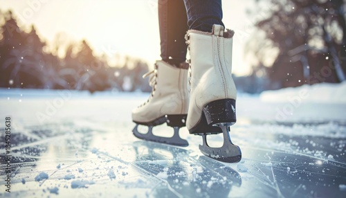 Ice Skates on Frozen Lake, Winter Adventure, Back View, Sunny Day