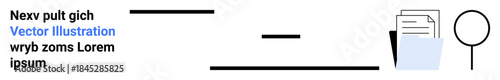 Data organization, file management, digital search, information storage, data review, research. Folder with documents and magnifying glass. File management and digital search symbol