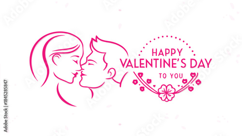 Happy valentine's day greeting card with couple kissing and floral design, love and romance concept