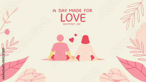 A romantic valentines day graphic with a couple sitting together surrounded by pink leaves and hearts on a cream background