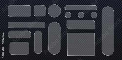 Set of transparent glass ui elements, buttons, and panels with rounded corners and different shapes for web and mobile application design
