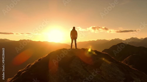 A lone silhouette of a successful hiker stands atop a high mountain peak overlooking vast ranges bathed in the glorious warm light of a breathtaking sunset