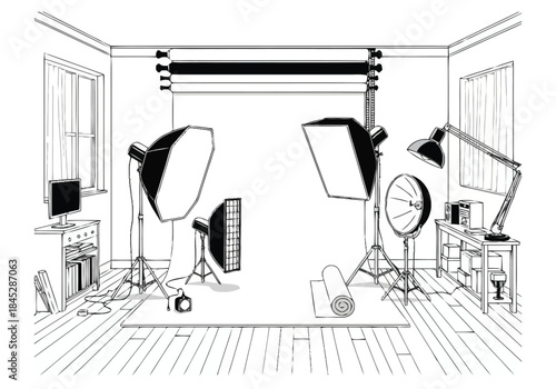 Professional Photography Studio Setup with Lighting Equipment and Backdrop layout architecture interior design icons