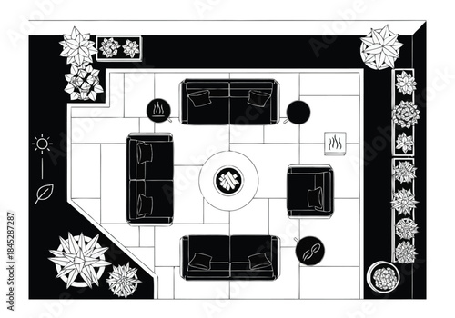 Modern Outdoor Living Space Design Top Down View layout architecture interior design icons