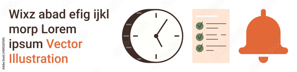 Naklejka premium Time management, organization, reminders, productivity, workflow, planning. ion of a clock, checklist and notification bell. Time management and productivity