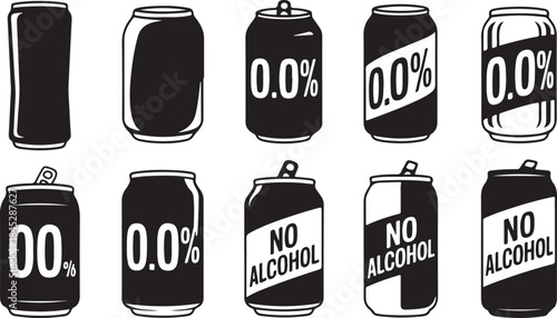 Collection of 0.0% alcohol and no alcohol beverage can icons in black and white Keywords: zero alcohol, alcohol free, no alcohol, 0.0 percent, beverage can, drink, soda can, energy drink, soft