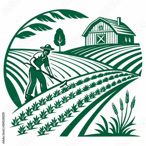 A hard-working farmer tending to crops in a field with a barn illustration in the background