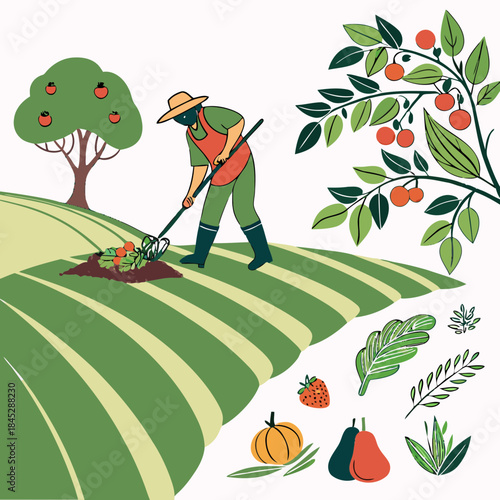 A farmer tends to crops in a bountiful field, surrounded by fruits and vegetables