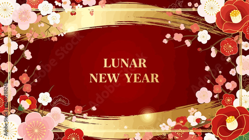 LUNAR NEW YEAR celebration with cherry blossoms and golden brush strokes symbolizing prosperity and joy