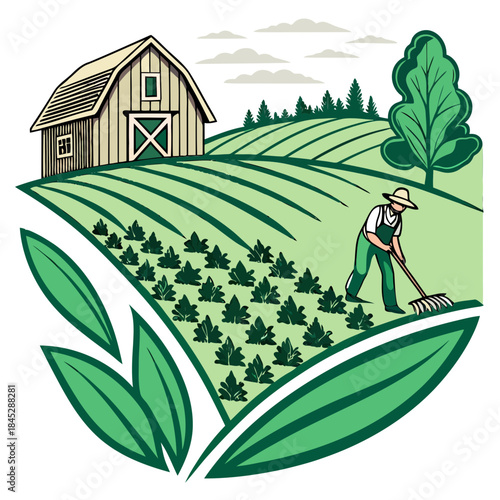 A farmer working in a field with a barn in the background