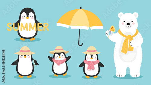 Cute cartoon penguins and a polar bear enjoying a summer day with an umbrella