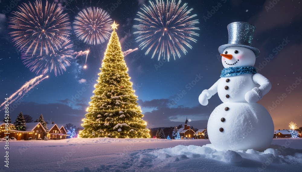 Obraz premium Festive snowman enjoying Christmas fireworks display at night