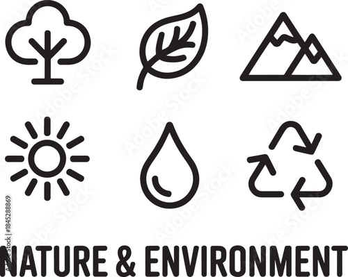 Nature and environment icon set vector illustration including tree leaf mountains sun drop recycle
