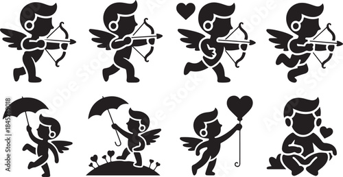 Collection of Cupid Silhouettes Engaged in Various Activities with Bows Arrows and Hearts Keywords: cupid, cherub, love, heart, bow, arrow, silhouette, flying, running, aiming, holding, umbrella