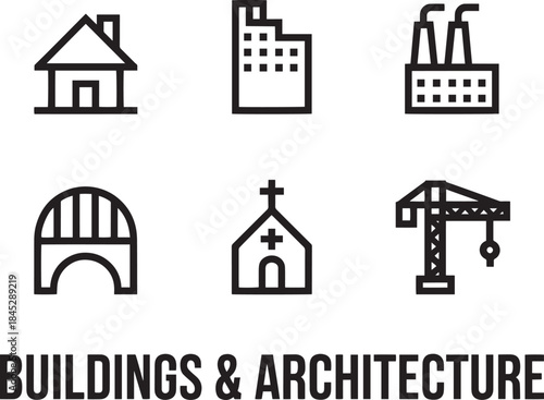 Set of six building and architecture line icons including house factory church bridge