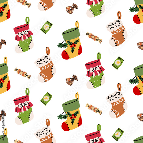 Seamless pattern with Christmas stockings and candy from Santa for good children. Colorful flat-carrousel textile print, perfect for holiday wrapping paper, holiday fabric or digital background.
