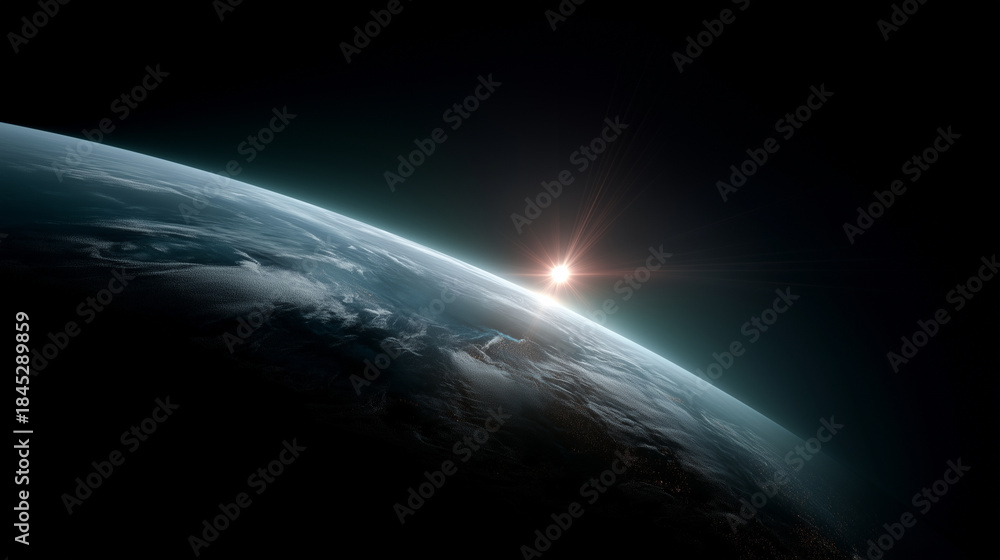 Fototapeta premium Sunrise over Earth horizon in deep space, dramatic planet view, cosmic exploration concept, astronomy, universe beauty, celestial light, sci fi atmosphere and futuristic background with copy space
