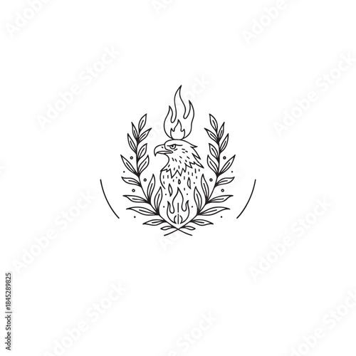 Powerful Eagle Crest Surrounded by Laurel Branches and Intense Flames, Minimalist Line Art Tattoo Design Emblem.