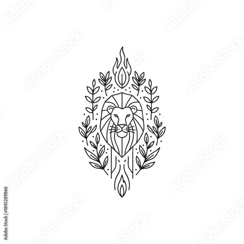 Majestic Lion Head Emblem with Botanical Elements and Sacred Fire Line Art Illustration for Tattoo Design.