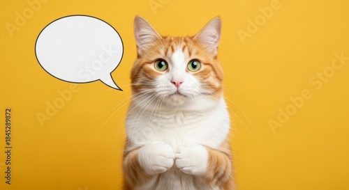 empty thought bubble mockup positioned near a curious cat on yellow background