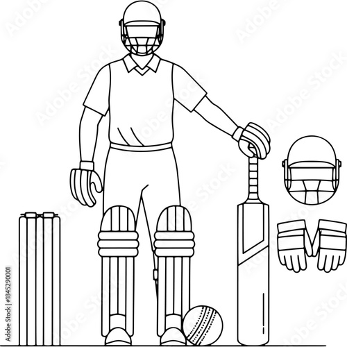Cricket equipment and player illustration Vector