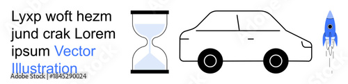 Time management, transportation, innovation, technology, progress, futuristic ideas. Hourglass, car and blue rocket on a clean background. Time management and transportation illustration