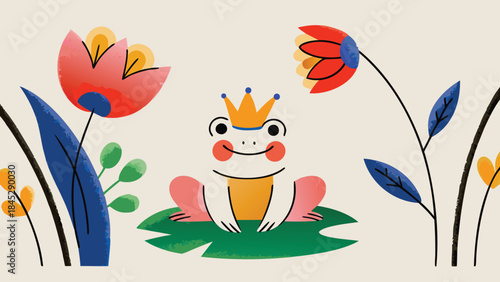 A tiny smiling frog with a crown sitting on a lily pad surrounded by colorful flowers and leaves in a whimsical garden