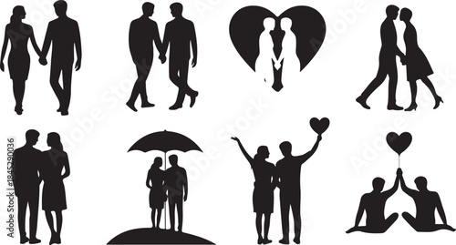 Collection of eight black silhouette couples in various romantic poses and settings Keywords: couple, love, romance, silhouette, black, people, man, woman, holding hands, walking, standing, heart