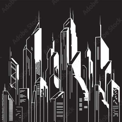 Monochrome Urban Skyline with Tall Skyscrapers and Bold Geometric Architecture at Night.