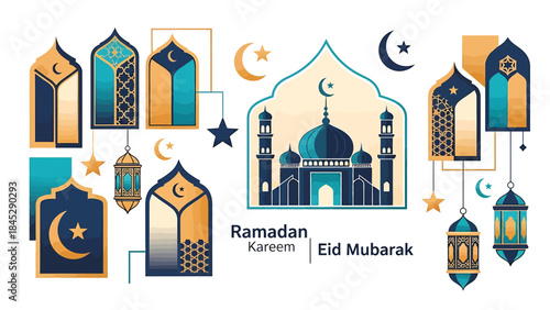 Elegant Ramadan Kareem and Eid Mubarak Islamic festive elements with mosques, lanterns, and crescent moons