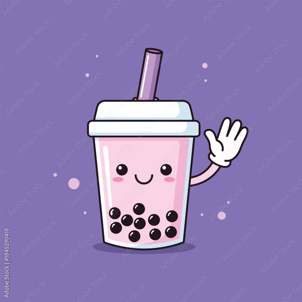 custom made wallpaper toronto digitalCute bubble tea character waving with a happy expression on purple background