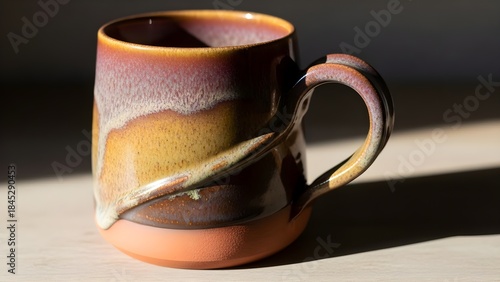 Ceramic mug with unique glaze pattern and handle details
