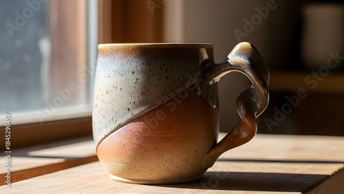 Ceramic mug on wooden surface with sunlight creating shadows