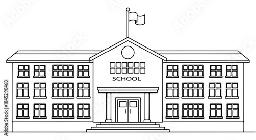 A simple line drawing of a school building with a clock and flag Vector