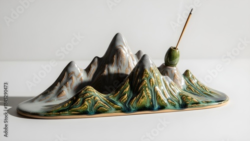 Ceramic mountain range incense burner with incense stick and green accents