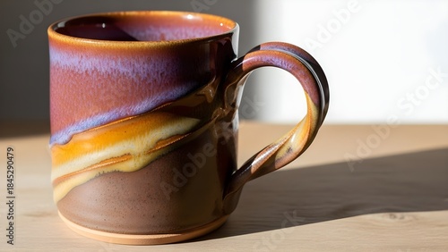 Ceramic mug with unique glaze pattern on wooden surface close up shot